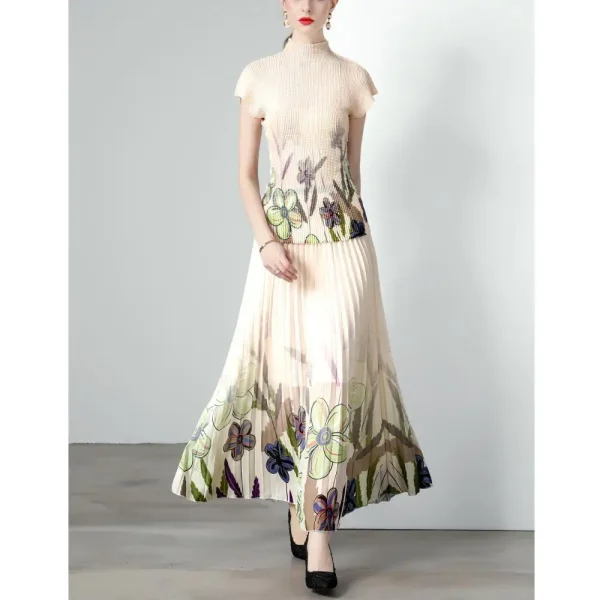 LEYEE Original Design Miyake Pleated Print Ladies Blouse Set Pearl Chiffon Pleated Skirt Two Piece Set - Image 4