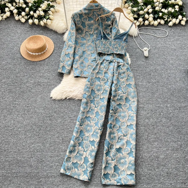 LW0103 Light Wind Relief Embossed Gold Flower Long Sleeve Suit Jacket With Broad Leg Trousers Three-Piece Set - Image 4