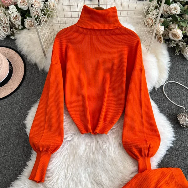 LE4755 Women'S Winter Pant Sets Vintage Turtleneck Loose-Fitting Knit Sweater Two-Piece High Fanny Pack Hip Skirt - Image 3