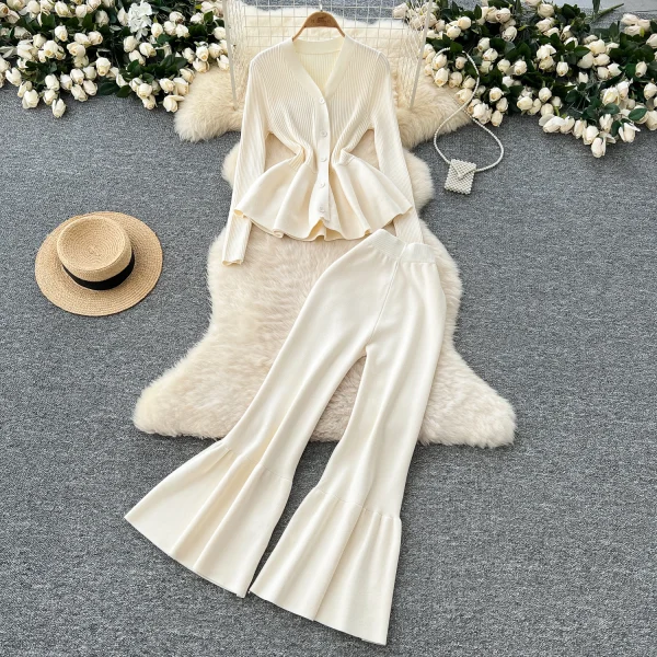 LW0121 Elegant Knitwear Two-Piece Women'S Waist Waist With Lotus Leaf Hem Long Sleeve Top High Waist Micro-Stretch Long Pants - Image 4