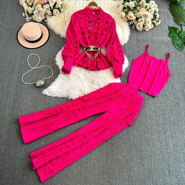 LE4753 Women'S French Lace Hook Flower Lantern Sleeve Shirt Three-Piece Set of High-Waisted Slimming Wide-Leg Pants - Image 4
