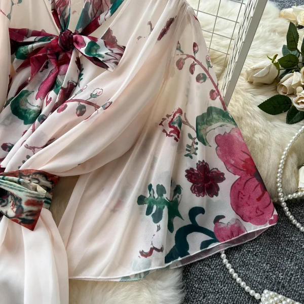 ZT1490 European Women's Dresses Loose Waist Binding Flared Sleeve Pendant Floral Printed Dress Elegant  Midi Dresses - Image 6