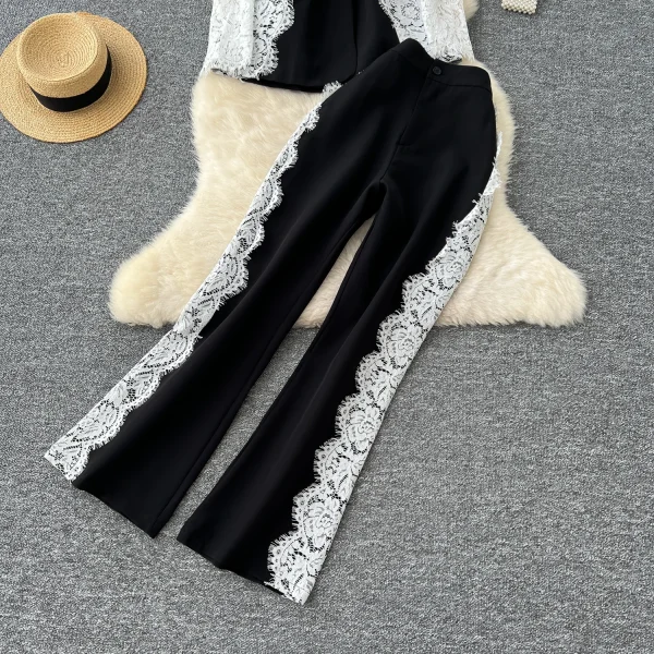 LW0125 Light Wind commuter Ladies Two-piece Contrasting Color Lace Long-sleeved Suit Jacket High-waisted Suit Pants - Image 5