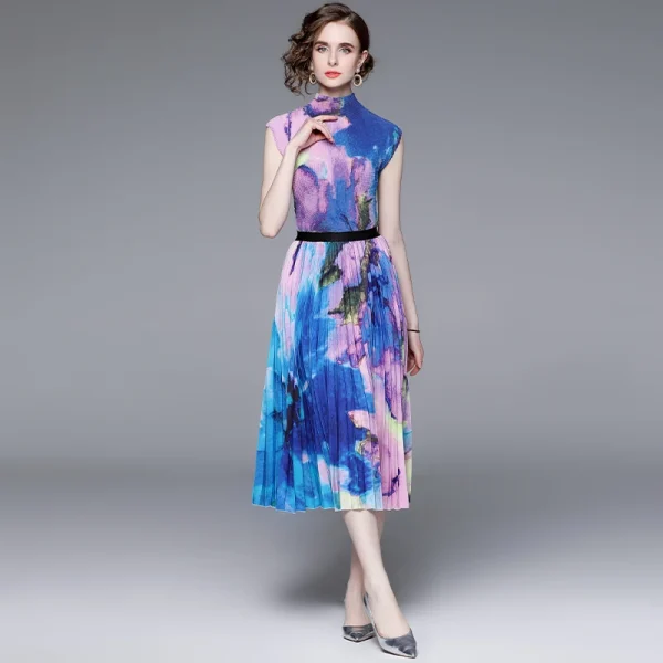 3.2 M Oversized Skirt Hem Elegant Print Miyake Pleated Fashion Set Two-Piece Corn Press Pleated Top Pleated Skirt Set