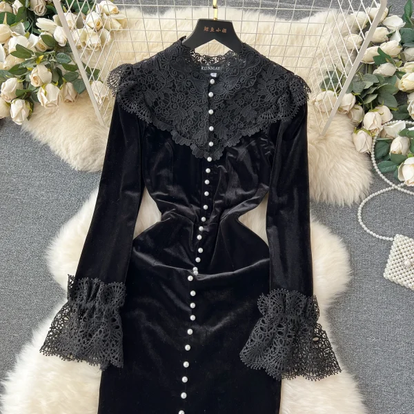 ZT1470 Hepburn Style Haute Couture Canary Dress Women's French Vintage Lace Patchwork Single-breasted Elegant Dresses - Image 3
