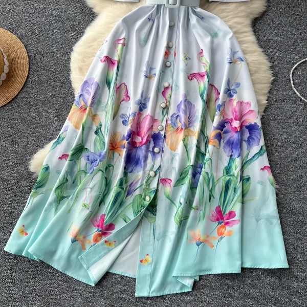 ZT1513 Western Style Suit Collar Floral Print Dress Women's Summer Single-breasted Elegant Sweet Fresh Short Sleeve Maxi Dress - Image 2