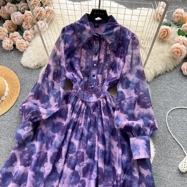 ZT1551 French Vintage Temperament Spring Women's Shirt Collar Design Elegant Floral Printed Sweet Advanced Feeling Maxi Dress - Image 4