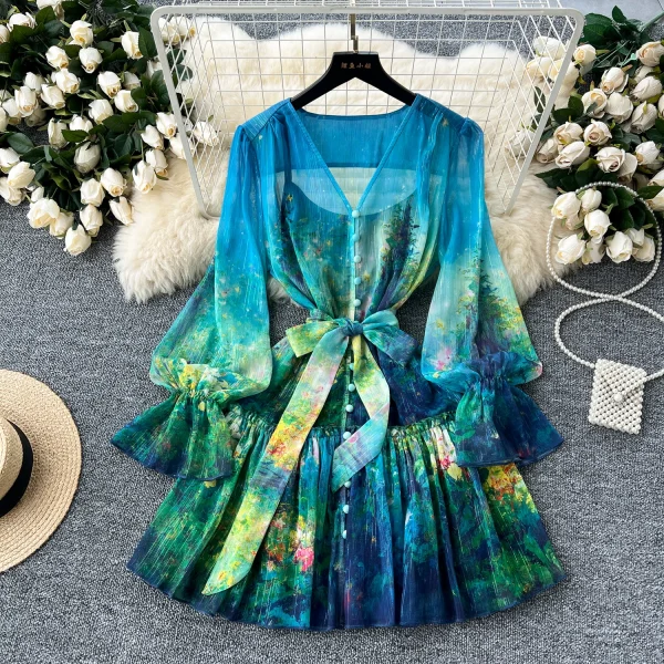ZT1517 European Flared Sleeve Dress Women French Elegant Sweet Print Waist Strap V-neck Ruffled Short Dresses - Image 2