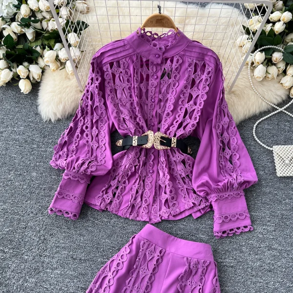 LE4758 Fashion Three-Piece Set 2025 Autumn Cutout Hook Lace Waist Long Sleeve Shirt High Waist Straight Pants - Image 6
