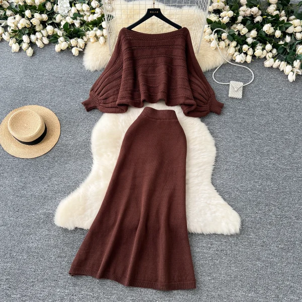 LW0122 Advanced Sense Sweater Smock Coat Loose Bat Sleeve Sweater High-waisted Slim-fit Skirt Women's Two-piece Suit - Image 3
