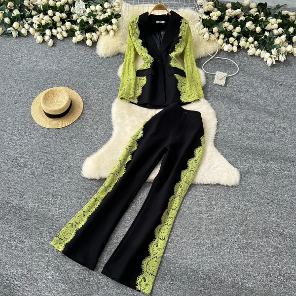 LW0125 Light Wind commuter Ladies Two-piece Contrasting Color Lace Long-sleeved Suit Jacket High-waisted Suit Pants - Image 3