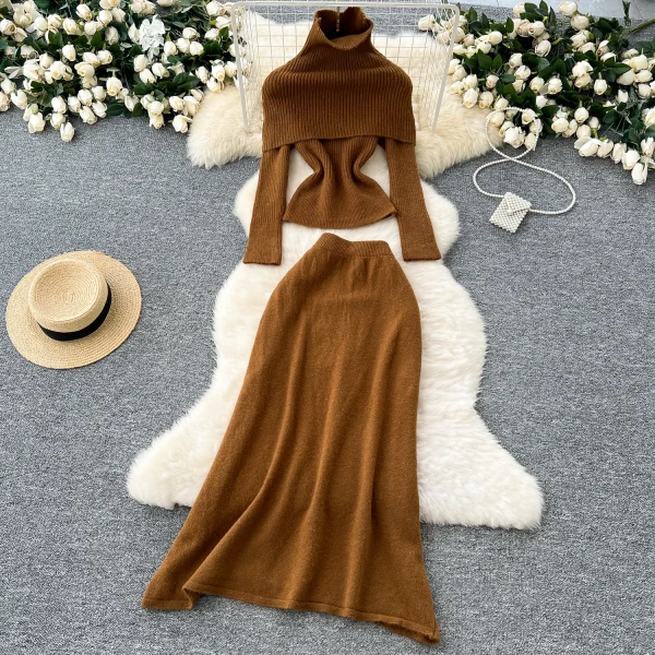 LW0106 Two Piece Ladies Set Stylish High-Neck Slim-Fit Long-Sleeved Knitted Top High-Waisted Slimming Skirt Two-Piece Set
