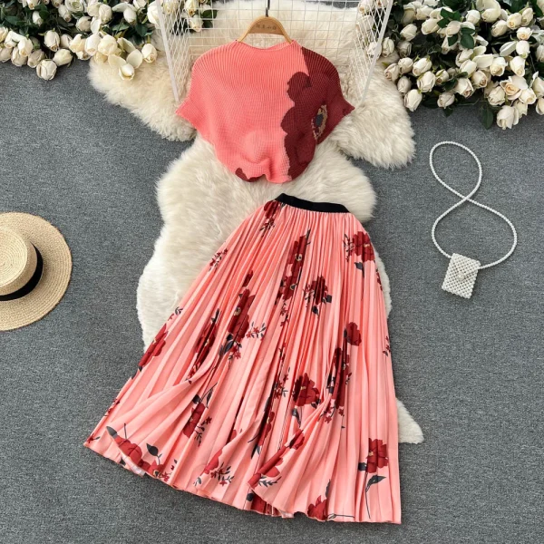 LE1299 Women'S Floral Printed Pleated Casual Suit Loose Plus Size Short-Sleeve Print Pleated Top Long Skirt 2 Piece Set