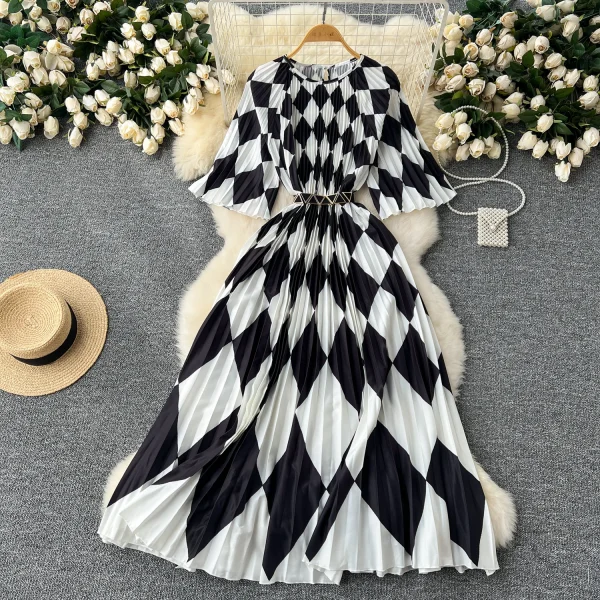 ZT1520 Ladies  Luxury High-end Dress Elegant New Summer Slim Loose Waist Reducing Age Printed Mid-sleeve Pleated Midi Dress - Image 3