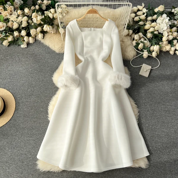 ZT1546 Female Birthday Party Evening Gown Banquetelegant Luxury  High-end Exquisite Waist Fur-patchwork Dress Midi Dress - Image 2