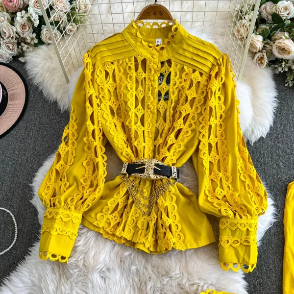 LE4753 Women'S French Lace Hook Flower Lantern Sleeve Shirt Three-Piece Set of High-Waisted Slimming Wide-Leg Pants - Image 6