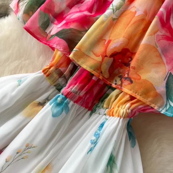ZT1500 One-line Shoulder Ruffled Waist European Design Large Swing Printed Chiffon Floral Printed Elegant Midi Dresses - Image 6