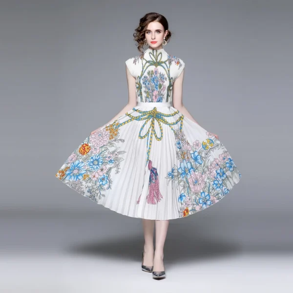 Floral Printing Miyake Pleated Women Suit Slim Print Stand Collar Short Sleeve Top+loose Slim Skirt Casual Party Two Piece Sets - Image 3