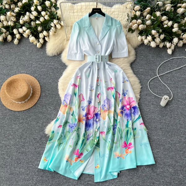 ZT1513 Western Style Suit Collar Floral Print Dress Women's Summer Single-breasted Elegant Sweet Fresh Short Sleeve Maxi Dress