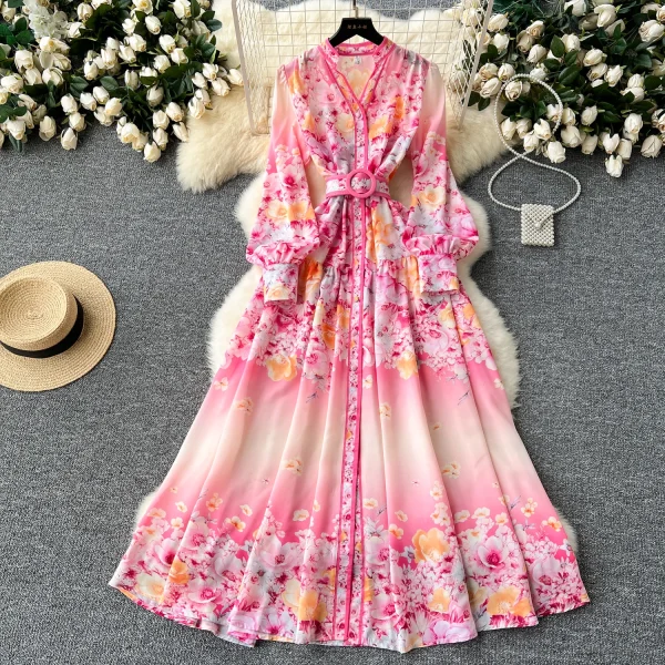 ZT1501 European Fashion Print Dress Female Niche Vintage Long Sleeves V-neck Single-breasted Long Swing Holiday Dress