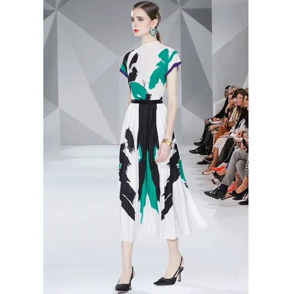 LE1339 High Quality 2025 Pleat Clothing Casual Style Printed Short Sleeve Top and Printed Long Pleated Skirt Two Piece Sets - Image 4