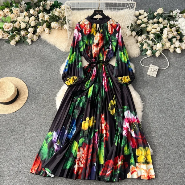 ZT1529 Retro Palace Style Design Sense Floral Printed  Pleated Puffy Sleeve Dress Spring Women Pleated Midi Dress - Image 3