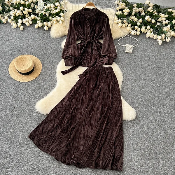 LW0137 High-Grade Velvet Two-Piece Set Women'S New Long Sleeve Shirt With Waist and Waist High Waist Slimming Dress - Image 5