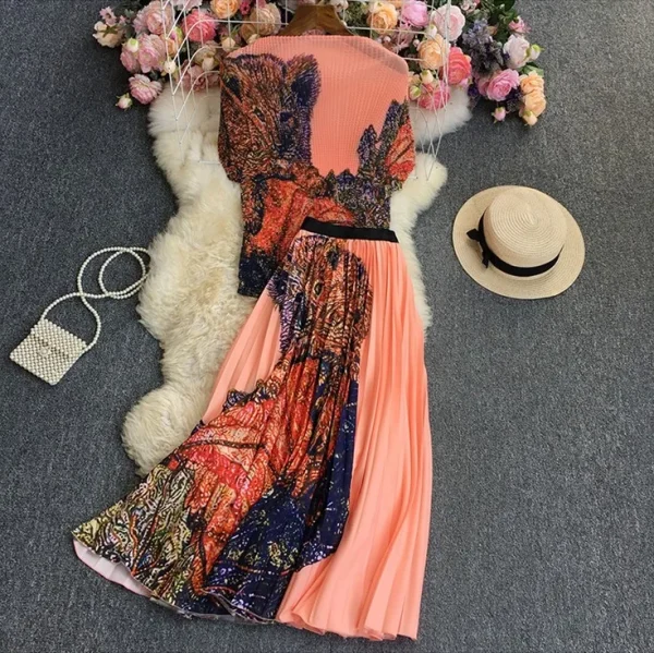 LE1303 Accept Floral Print Miyake Pleated Casual Style Suit Short-sleeved Skirts Boutique Women 2 Piece Sets