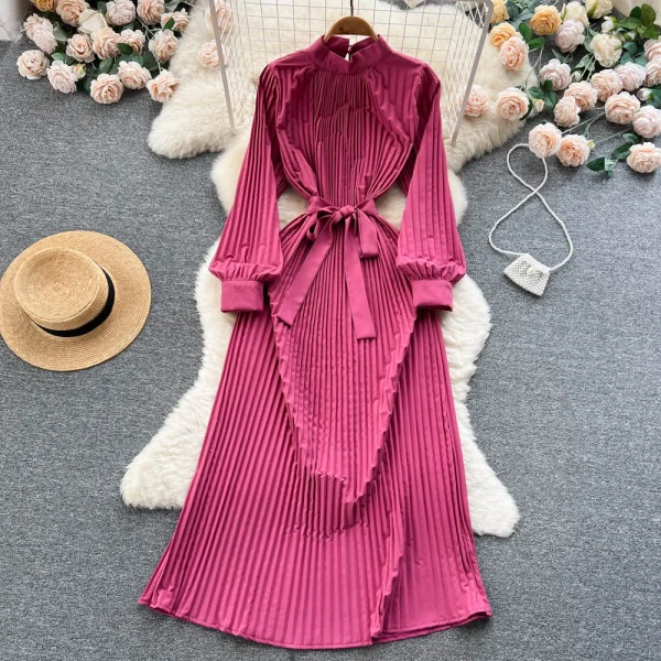 ZT1459 Spring Autumn Dresses Stand Collar Solid Color Senior Sense Elegant Dresses Strap Irregular Pleats Long Dresses Women - Image 4