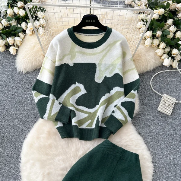 LW0102 Contrasting Color Line Knitwear Women'S Crew Neck Long Sleeve Pullover Sweater High Waist Wide Leg Pants Two-Piece Set - Image 6