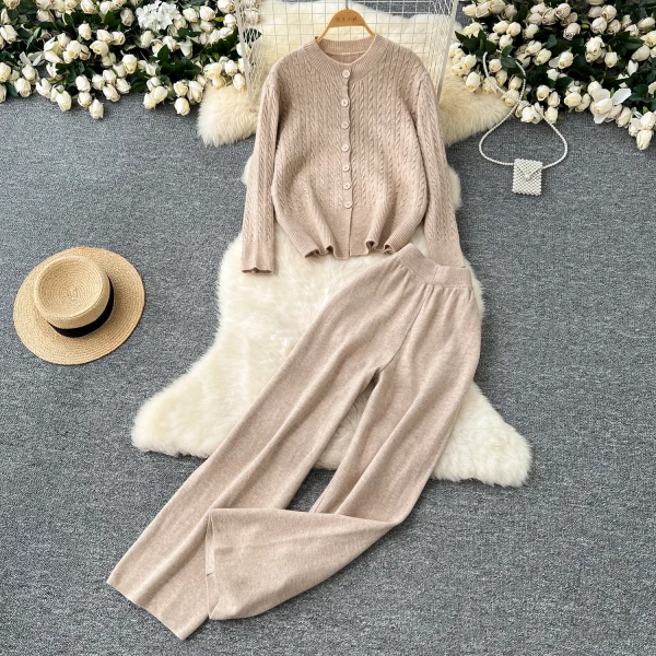 LW0148 Knitwear Two-Piece Women Gentle Wind With Round Neck Twist Sweater Cardigan Coat High Waist Wide Leg Pants - Image 4