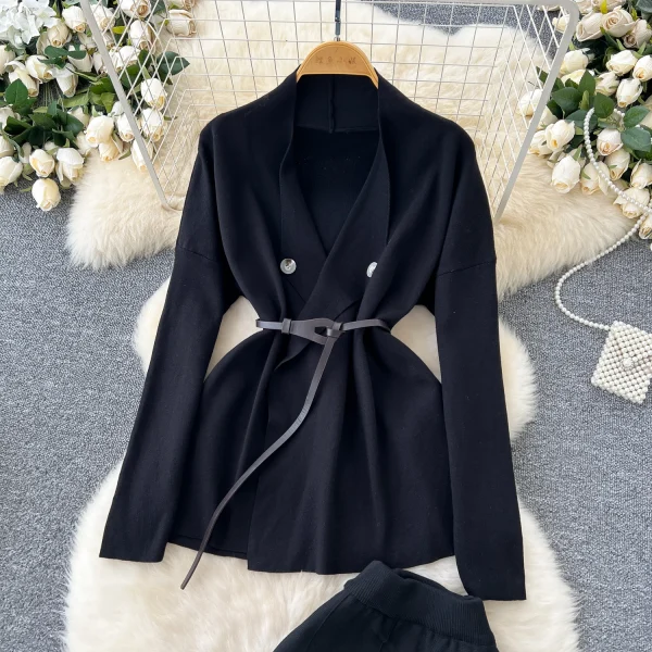 LW0146 Feminine Wear With Autumn Two-Piece Set Advanced Sense Lace-Up Waist Lapel Long-Sleeved Sweater Coat Skirt - Image 3