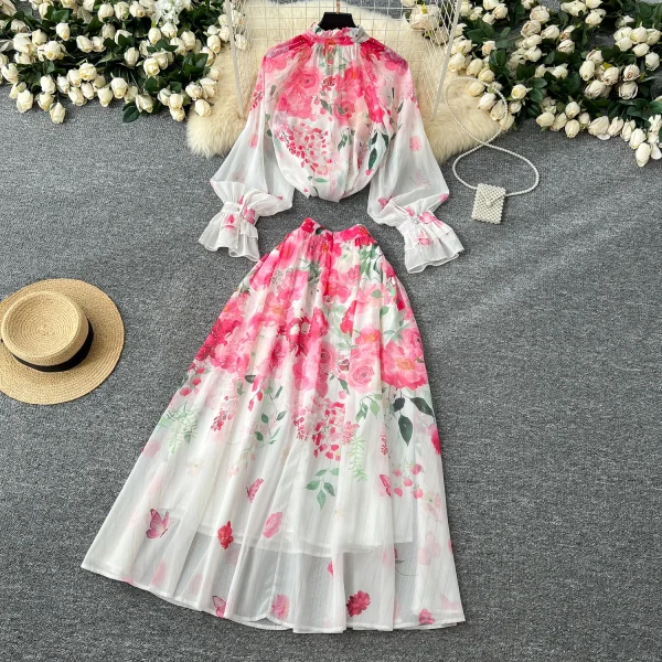 LW0574 2025 Spring Vacation Style Two-Piece Women'S Lace-Up Lantern Sleeve Printed Shirt High Waist Drop Skirt - Image 2