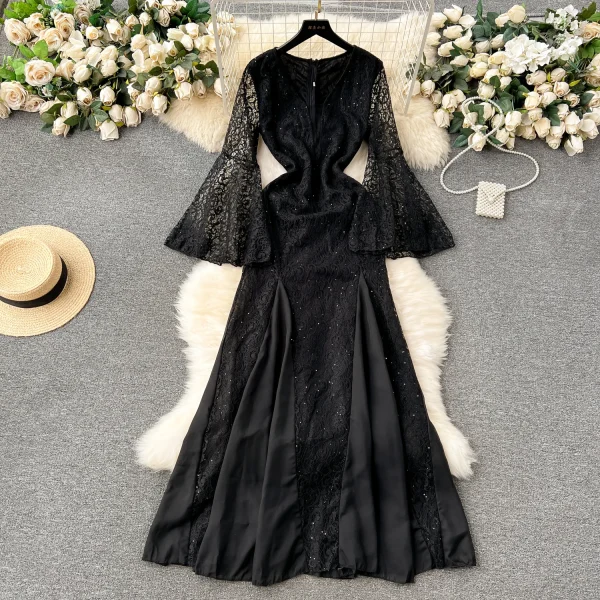 ZT1545 High-end Sequin Lace Female Niche Luxury Beautiful Fancy Trumpet Sleeve Elegant Evening Gown Fishtail Maxi Dress