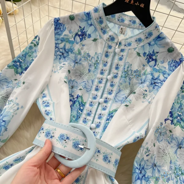 ZT1491 European Retro Vintage Stand Collar Single Breasted Long Sleeve Woman Clothes High-end Printed Elegant Dress - Image 3