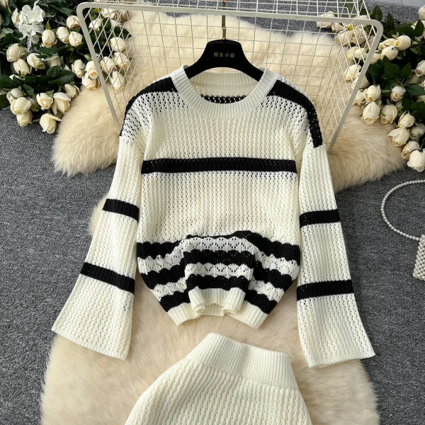 LW0101 Korean Two-Piece Hollow-Out Grid Color Contrast Striped Sweater Women'S Long Sleeve Sweater High Waist Skirt Two Sets - Image 5