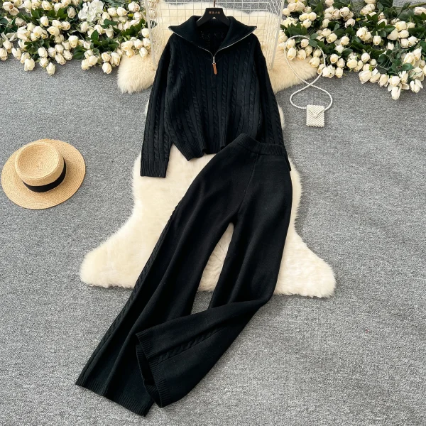 LW0142 Korean Casual Pullover Lapel Zipper Long Sleeve Sweater Women'S High Waist Wide Leg Straight Leg Pants Two-Piece-Set - Image 6