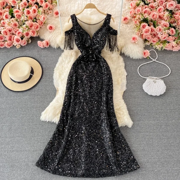 ZT1561 High-end Banquet Temperament Sequins Elegant High-end Host Aura Queen Dress V-neck Long  Fishtail Wrap Hip Evening Gown - Image 5