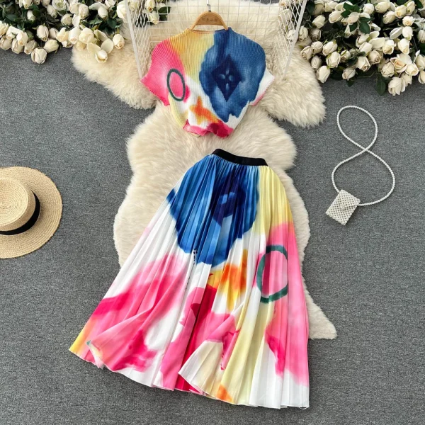 LE1298 Hot Sell Women'S Printed Pleated Casual Suit Loose Plus Size Print Pleated Top Long Skirt 2 Piece Set