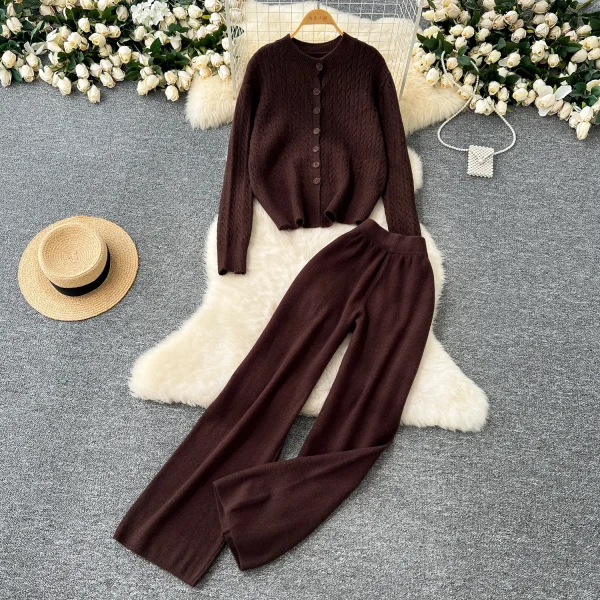 LW0148 Knitwear Two-Piece Women Gentle Wind With Round Neck Twist Sweater Cardigan Coat High Waist Wide Leg Pants