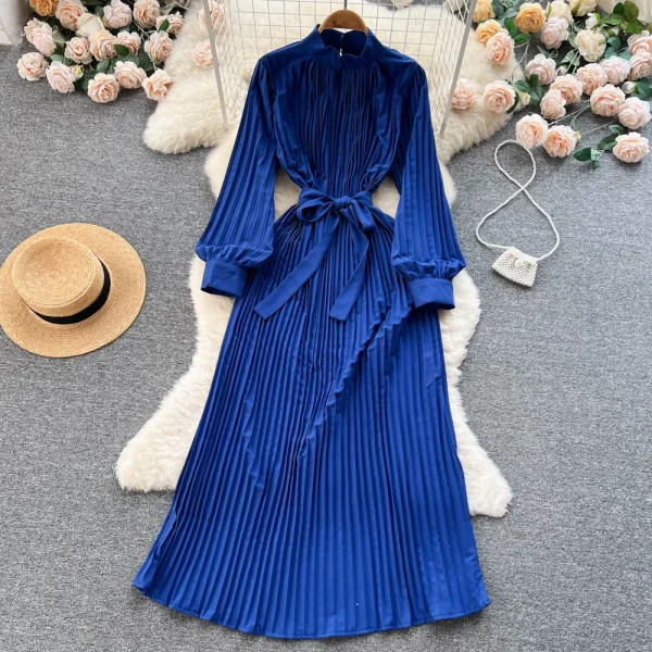 ZT1459 Spring Autumn Dresses Stand Collar Solid Color Senior Sense Elegant Dresses Strap Irregular Pleats Long Dresses Women