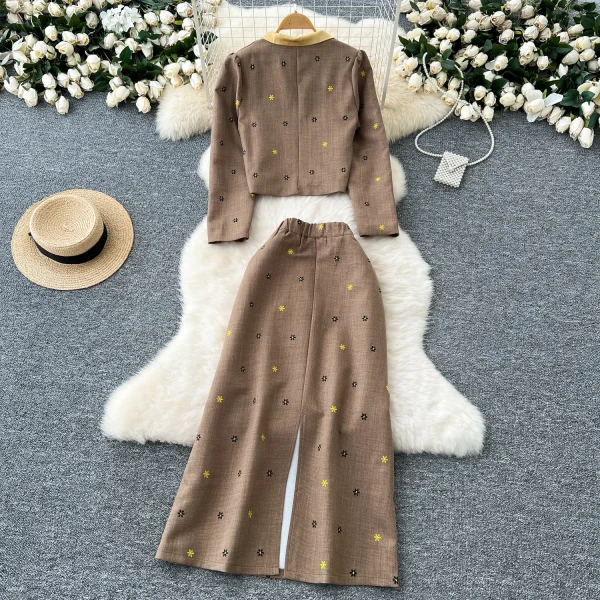 LE4757 Senior Sense Wear Women'S Autumn Two-Piece Set Bow Short Embroidered Coat High Waist Skirt - Image 2