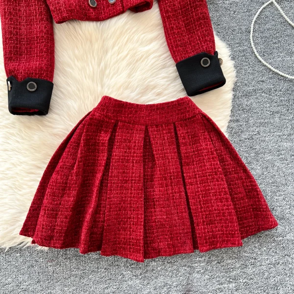 LW0116 French Girl Small Fragrance Color Bow Button Short Long Sleeve Coat High Waist Pleated Skirt Ladies Two-Piece Set - Image 4