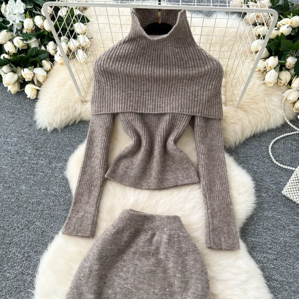 LW0106 Two Piece Ladies Set Stylish High-Neck Slim-Fit Long-Sleeved Knitted Top High-Waisted Slimming Skirt Two-Piece Set - Image 6