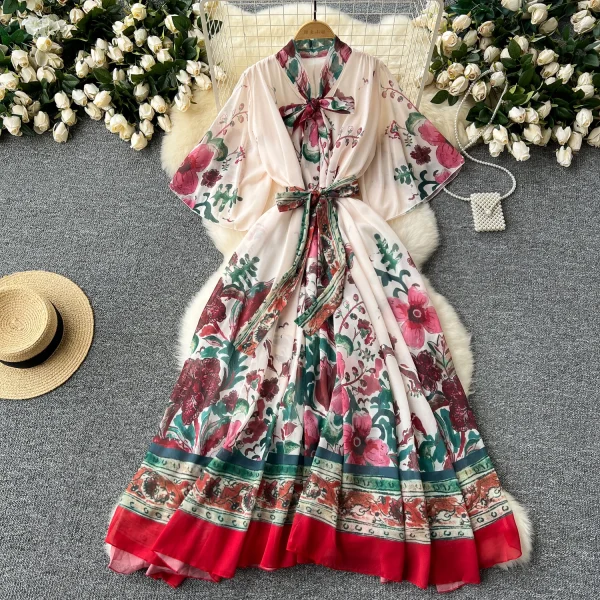 ZT1490 European Women's Dresses Loose Waist Binding Flared Sleeve Pendant Floral Printed Dress Elegant  Midi Dresses