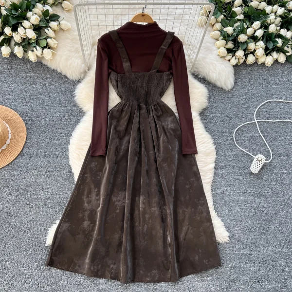 LW0114 French Vintage Square Collar Button-Down Waist Dress for Women With Turtleneck Bottoms for Women Two-Piece Set - Image 3