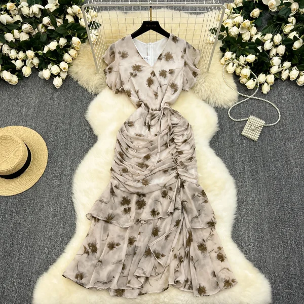 ZT1523 French Vintage Platycodon  Design Sense Floral Print  Ruffled Chiffon Elegant Fashional Fresh Sweet Midi Dresses Women - Image 5