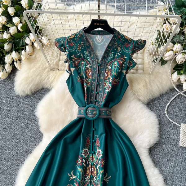 ZT1503 European Americanhigh-end Temperament Small Flying Sleeve Waist V-neck Single Breasted Printed Dress Retro Maxi Dresses - Image 6