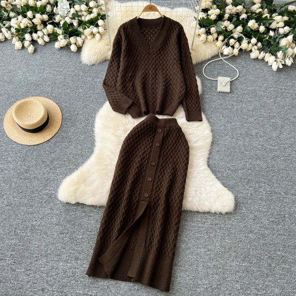 LW0132 Korean Wear With Women'S New Autumn Lazy Loose Set Head V-Neck Knit Top High Waist Slit Skirt Ladies Two Sets