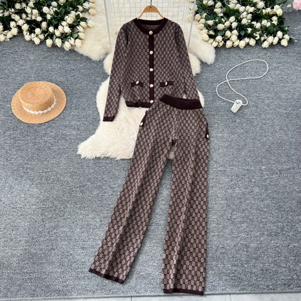 LW0120 Vintage Jacquard Women Two Sets of Small Fragrant Sleeveless Knitted Sweater Cardigan Jacket Wide Leg Trousers - Image 4